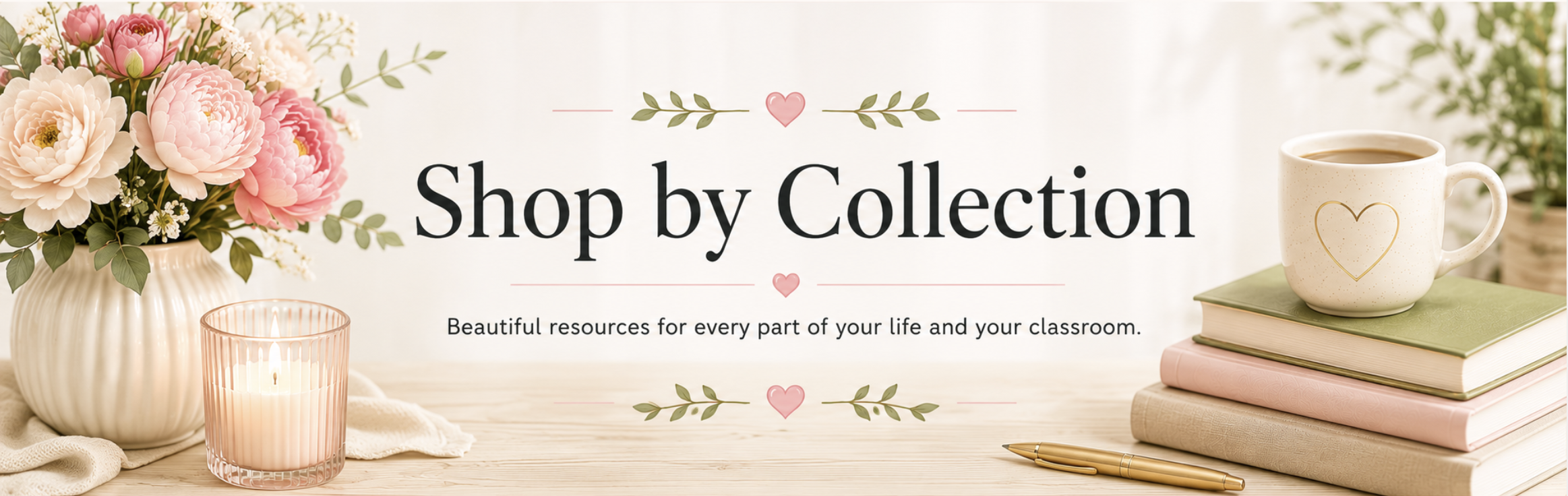 A floral arrangement in a white vase, a lit pink candle, a teacup with a gold heart, three stacked books, a gold pen, and a background of green plants on a wooden surface with a sign that says "Shop by Collection" in black text, decorated with pink hearts and green leaves.