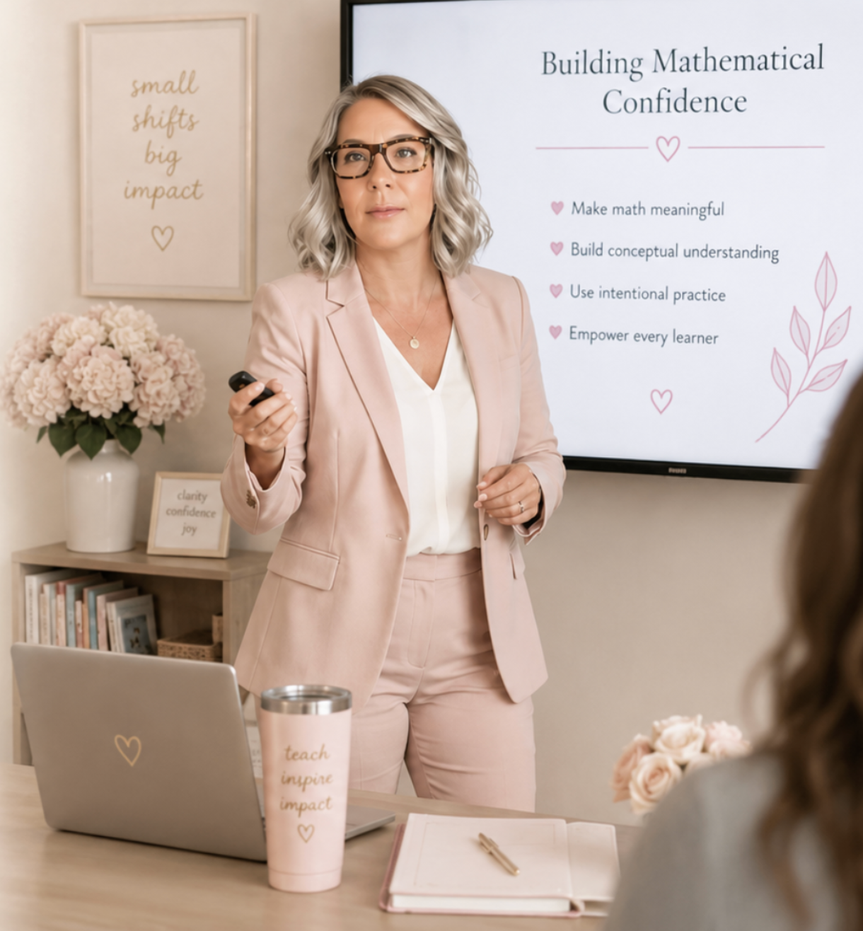 A woman in a pink suit giving a presentation with a slide titled "Building Mathematical Confidence" that lists points such as making math meaningful, building conceptual understanding, using intentional practice, and empowering learners. There are pink flowers in a white vase on a side table, and a laptop with a heart symbol, a pink tumbler, and a notebook with a pen on a wooden table in the foreground.