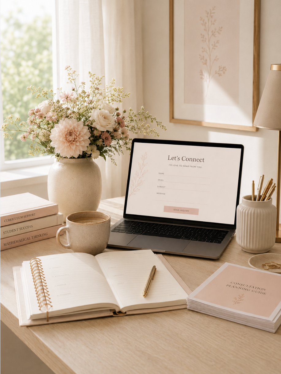 A workspace with a vase of pink and white flowers, a cup of coffee, a laptop displaying a 'Let's Connect' inquiry form, books, an open planner with a gold pen, a stack of 'Consultation Planning Guide' booklets, a ceramic container with gold pens, and a table lamp on a wooden desk near a window with beige curtains.