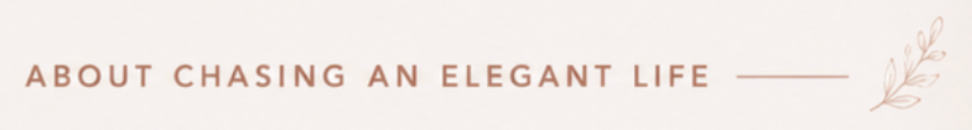 Text reading 'ABOUT CHASING AN ELEGANT LIFE' with a decorative leaf on a light pink background.