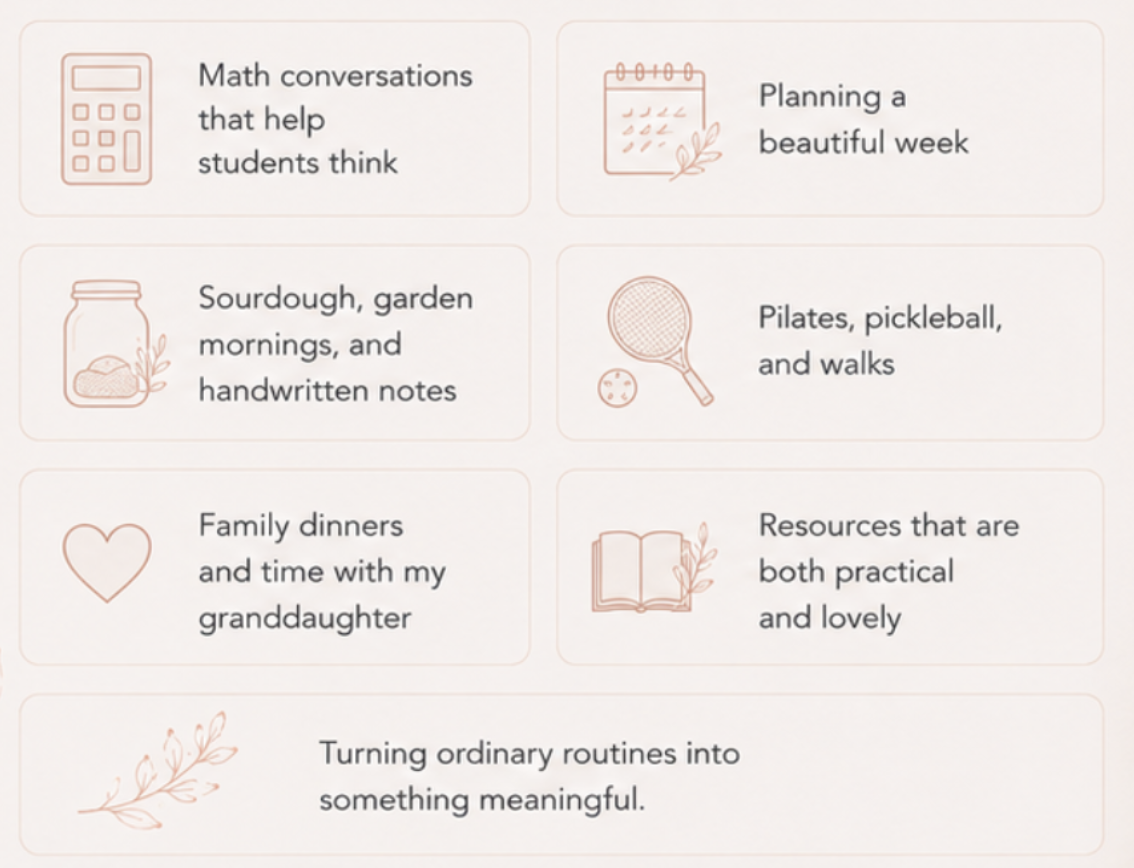 A list of inspirational phrases with icons, including math conversations, planning, notes, exercise, family time, resources, and turning routines into meaningful activities.