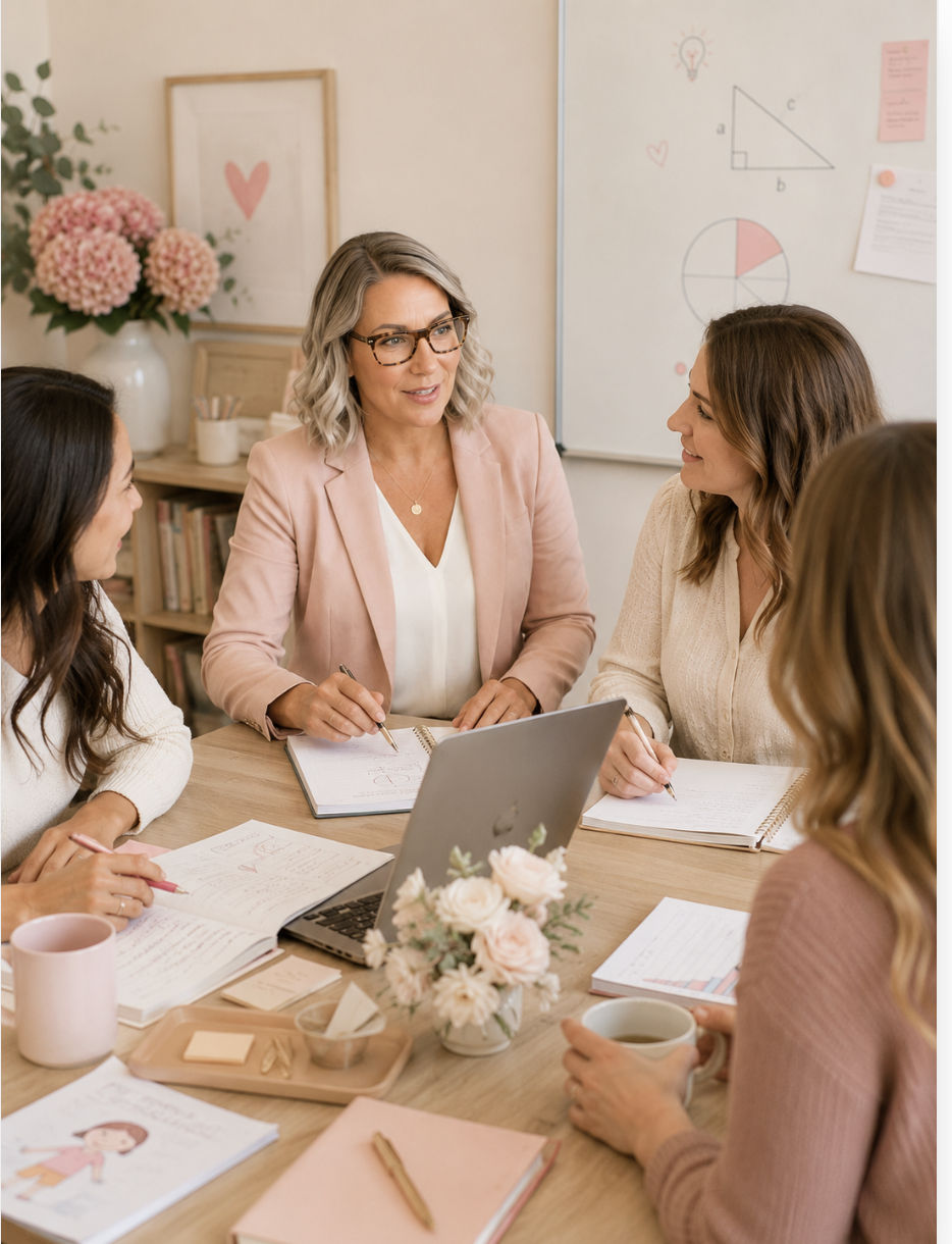 A woman with glasses and blonde hair leading a discussion with three other women at a table, with notebooks, a laptop, and a mug, in a cozy, decorated room with pink flowers and a whiteboard.
