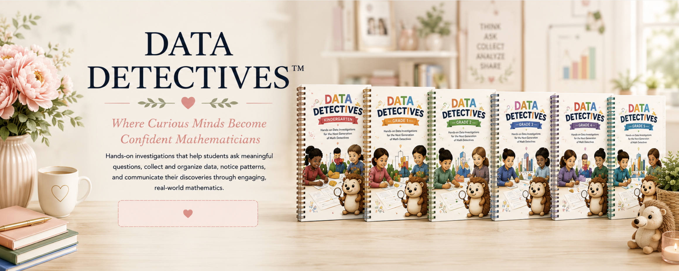 Display of children's math investigation books titled "Data Detectives" for various grade levels on a desk with a vase of pink flowers, a coffee mug, and stacks of books, with a blurred background of a cozy room with shelves and framed decorations.