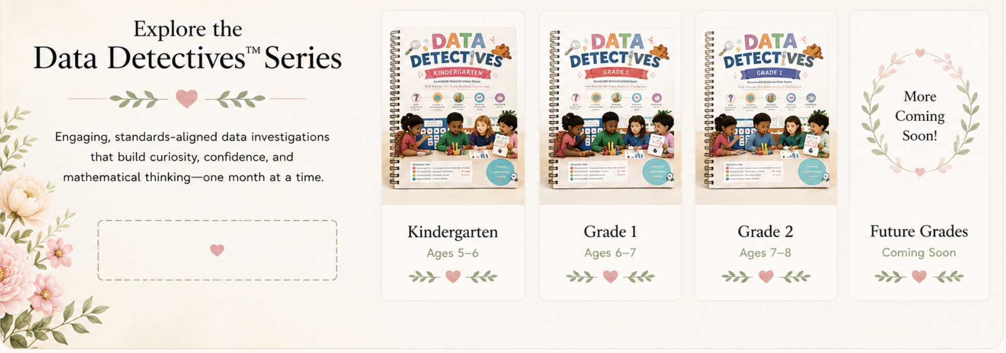 An advertisement for the Data Detectives Series, featuring books for Kindergarten through Grade 2, with floral decorations and a message about upcoming future grades.
