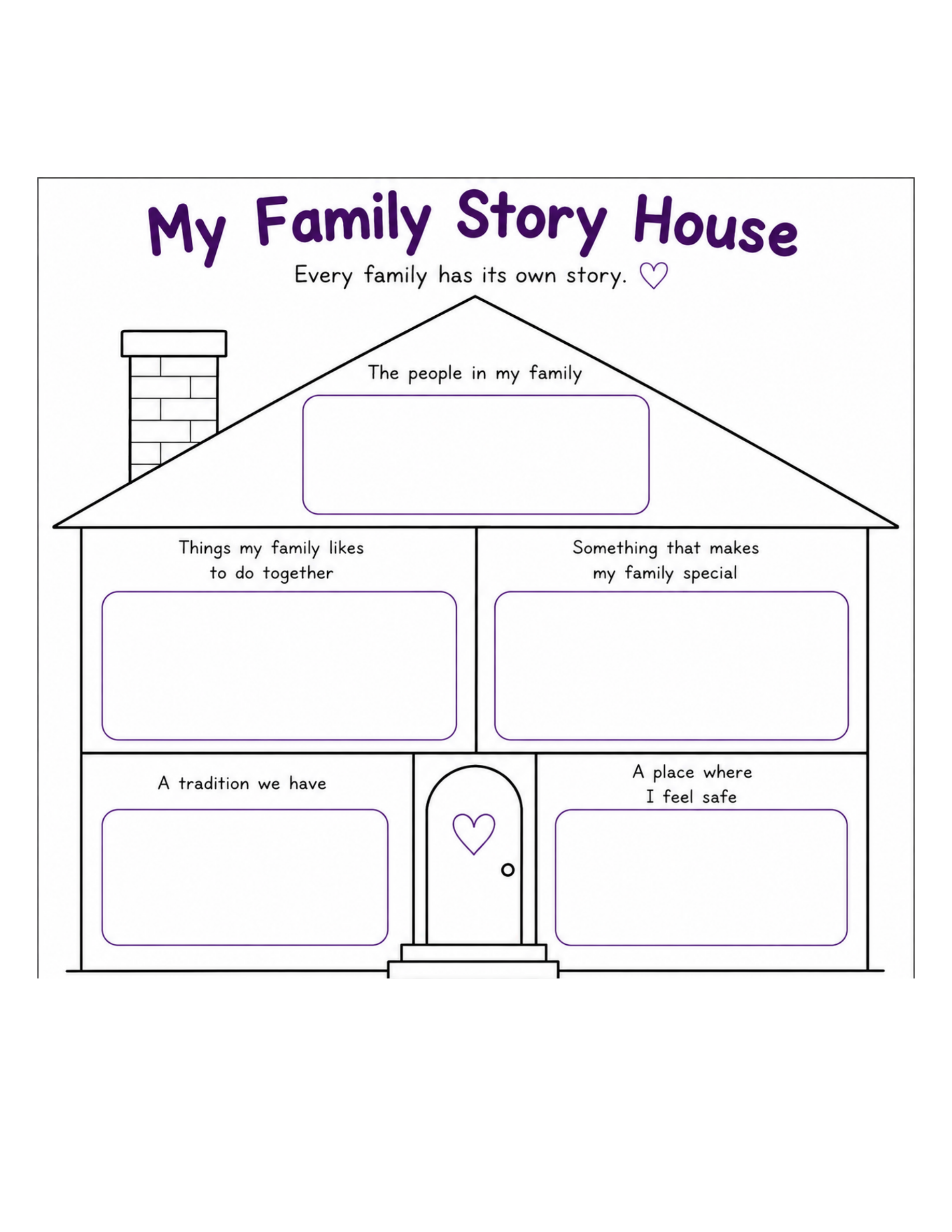 A family story house chart with sections for family members, activities they enjoy together, and what makes the family special, with a heart symbol at the bottom.