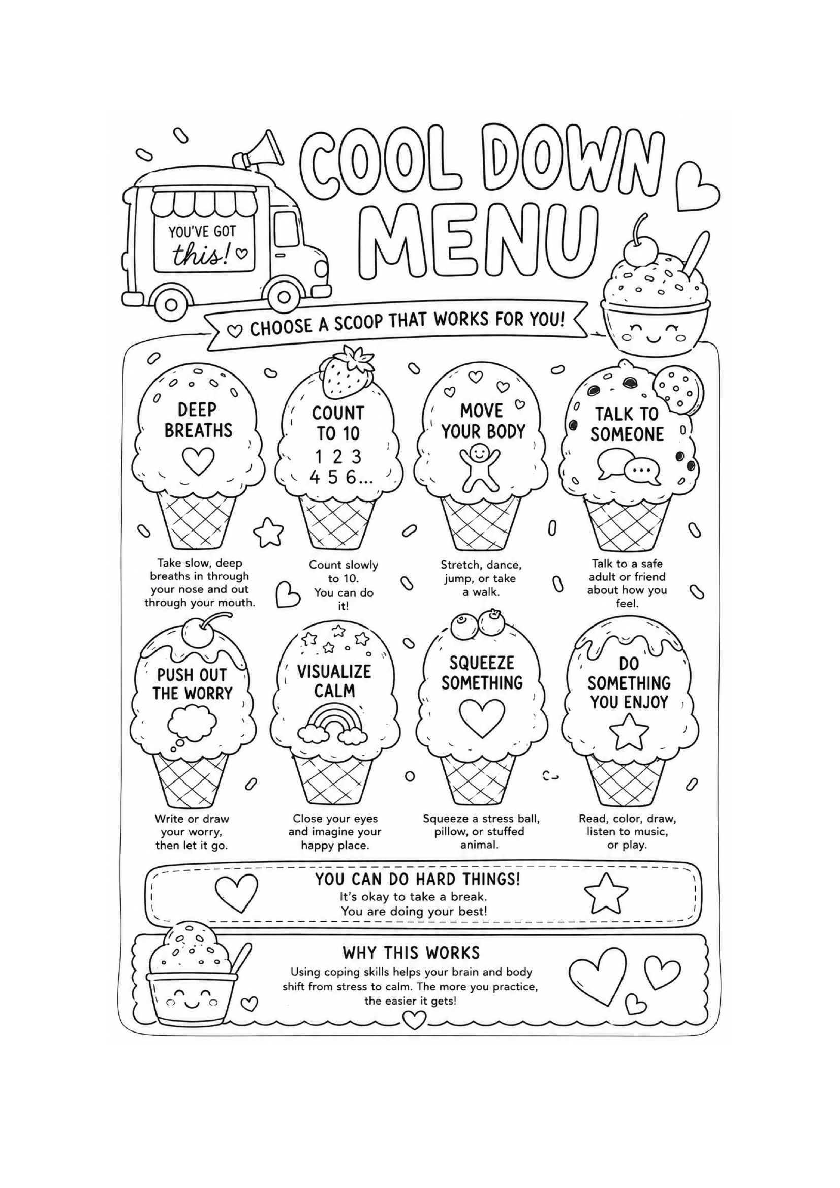 A black and white drawing of an ice cream shop truck with the sign 'You've got this!' and a tent. The main title says 'Cool Down Menu'. There are four ice cream cones with different activities: deep breaths, count to 10, move your body, and talk to someone, each with instructions. Additional sections include tips for coping and encouragement.
