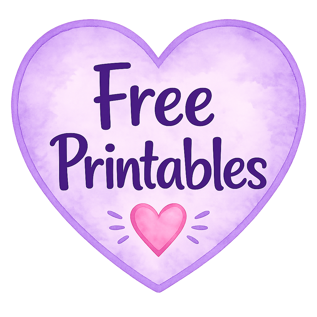 Purple heart-shaped background with the text 'Free Printables' in dark purple, and a small pink heart at the bottom with radiating lines around it.