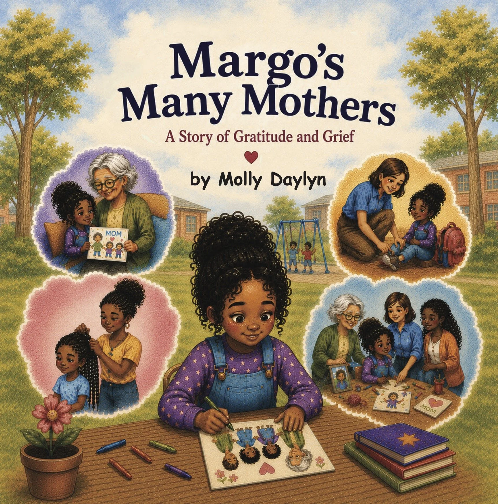 An illustration of a book cover titled 'Margo's Many Mothers: A Story of Gratitude and Grief' by Molly Dayln. The cover features several diverse women and children engaged in various activities outdoors in a park-like setting with trees and a school building in the background.