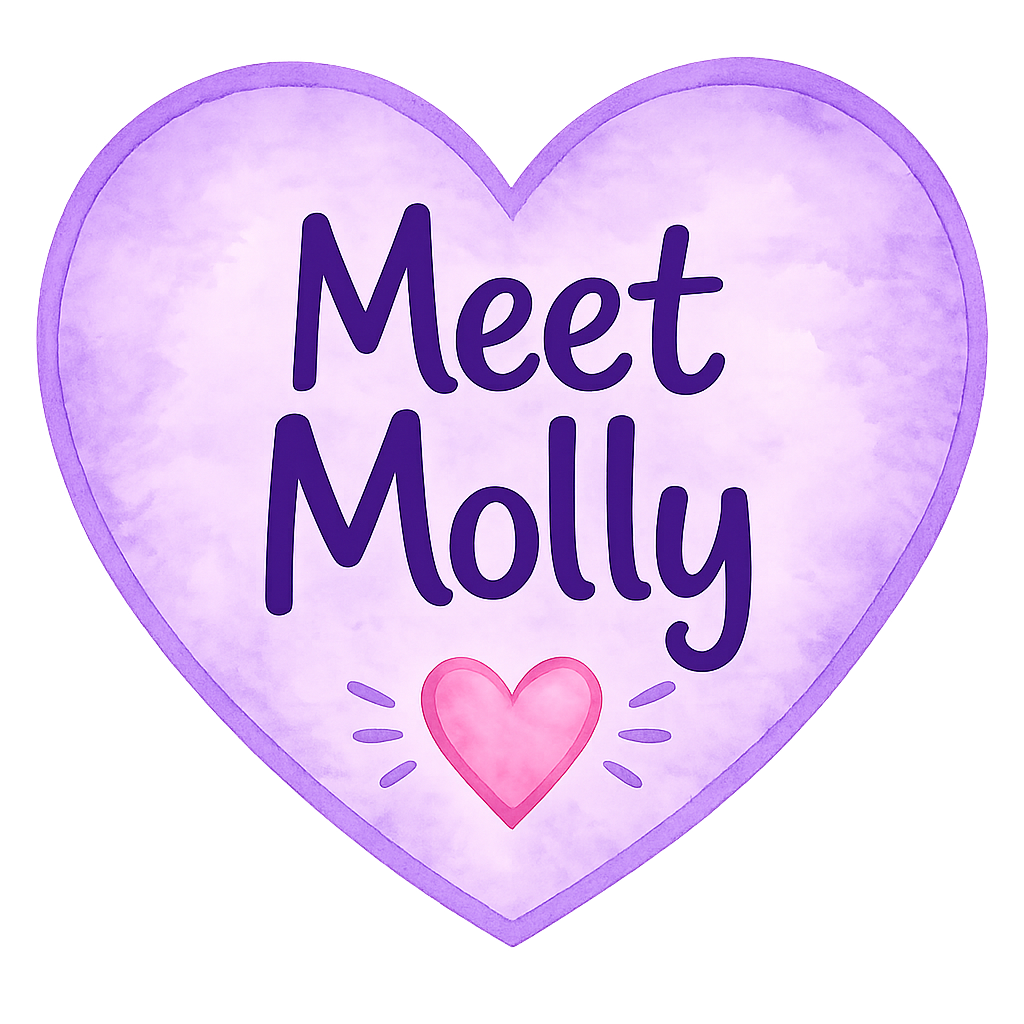 A purple heart-shaped graphic with the text 'Meet Molly' and a small pink heart at the bottom, set against a purple background.