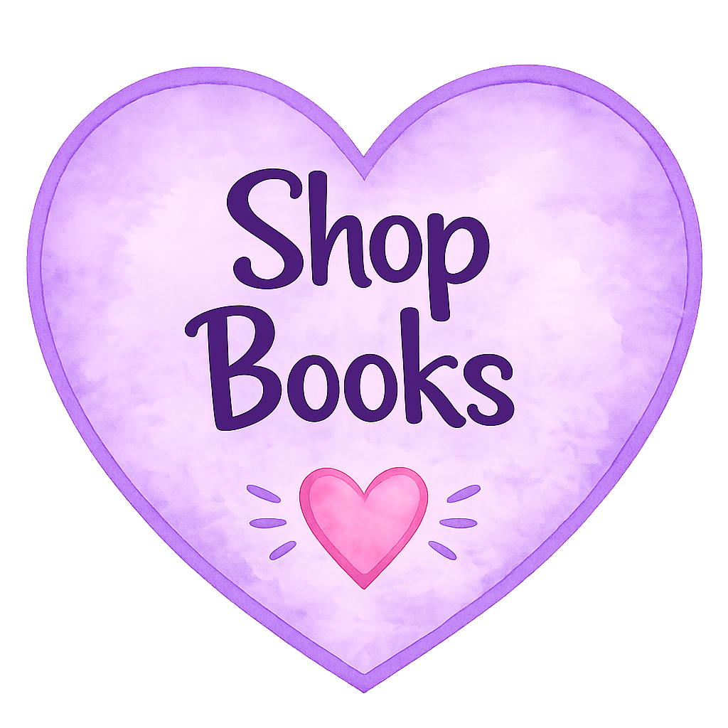A purple heart-shaped sign with the words "Shop Books" in dark purple font and a pink heart with small lines around it at the bottom, set against a purple background.