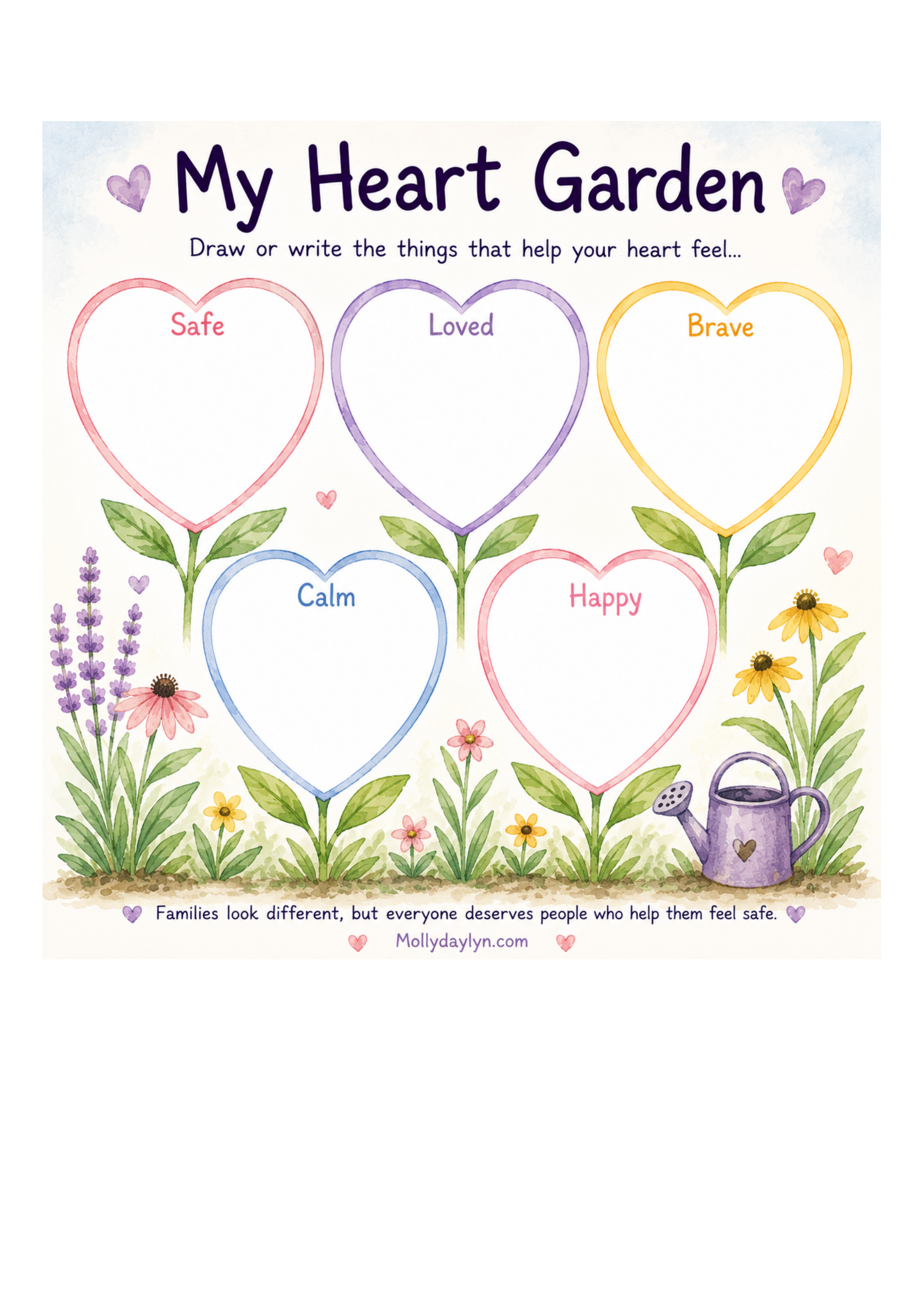 A gardening-themed chart titled 'My Heart Garden' with five large hearts labeled 'Safe,' 'Loved,' 'Brave,' 'Calm,' and 'Happy,' surrounded by colorful flowers and a purple watering can, encouraging drawing or writing things that help your heart feel safe, loved, brave, calm, or happy.