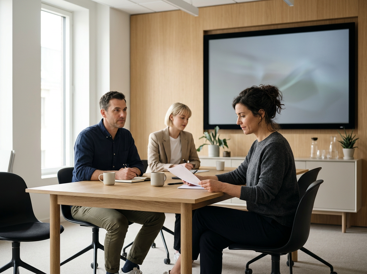 Three people sitting around a wooden table in a modern meeting room, engaged in a discussion. One woman is reading documents, two others are listening, with coffee mugs on the table and a large screen on the wall behind them.
