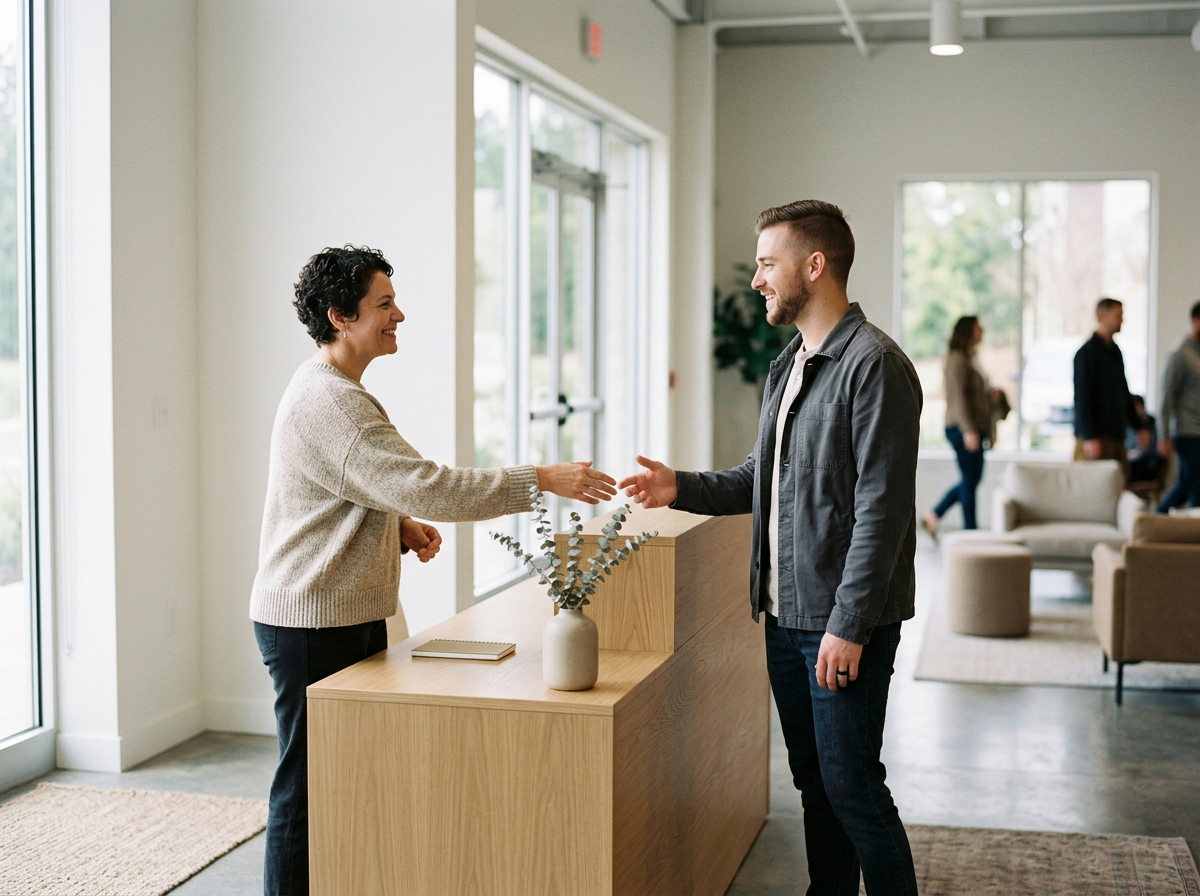 A woman at a reception desk shaking hands with a man. The setting appears to be a modern office or lobby with large windows and casual seating in the background.