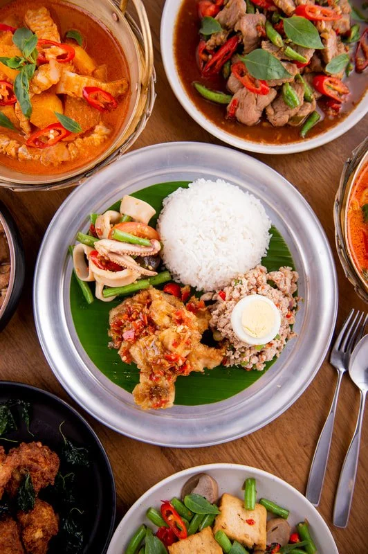 Plate of Thai food with rice, minced meat salad, fried chicken, and seafood stir-fry, surrounded by various curry and stir-fry dishes.