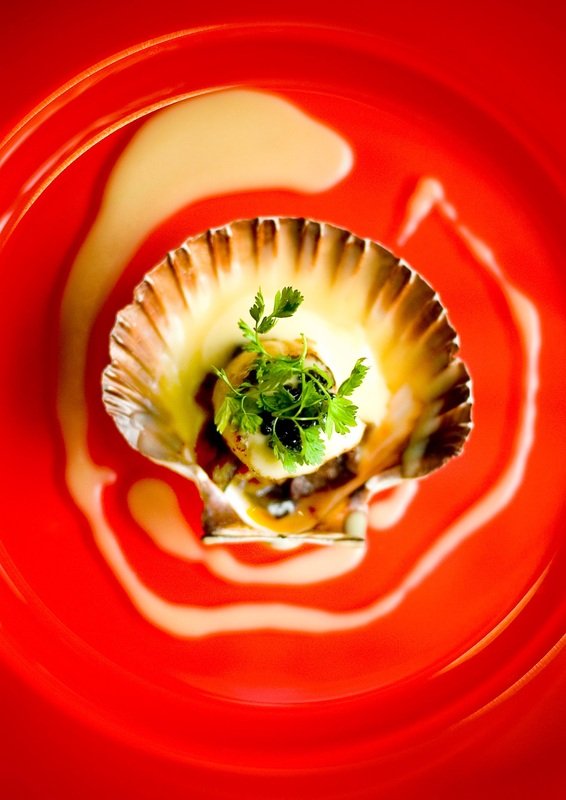 Close-up of a cooked shellfish topped with herbs, surrounded by a swirl of creamy white sauce on a red plate.