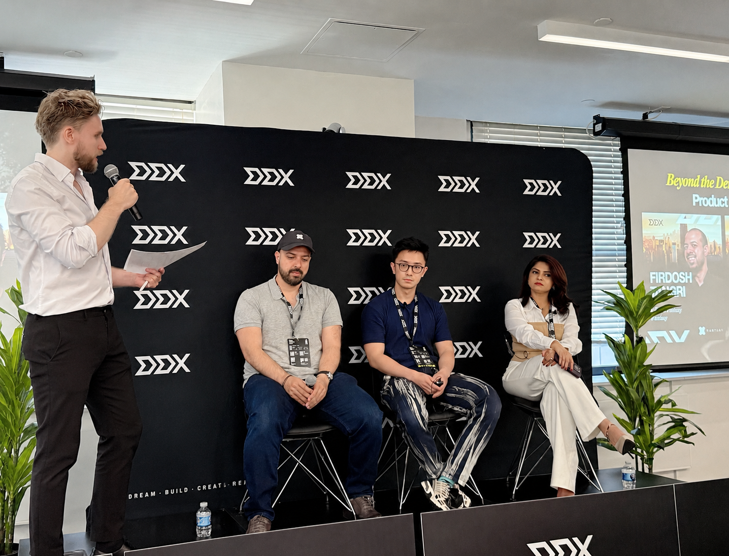Beyond the Demo panel at DDX New York 2026 with moderator Sebastian Gier and panelists Firdosh Tangri, Ethan Ye, and Niketa Jhaveri