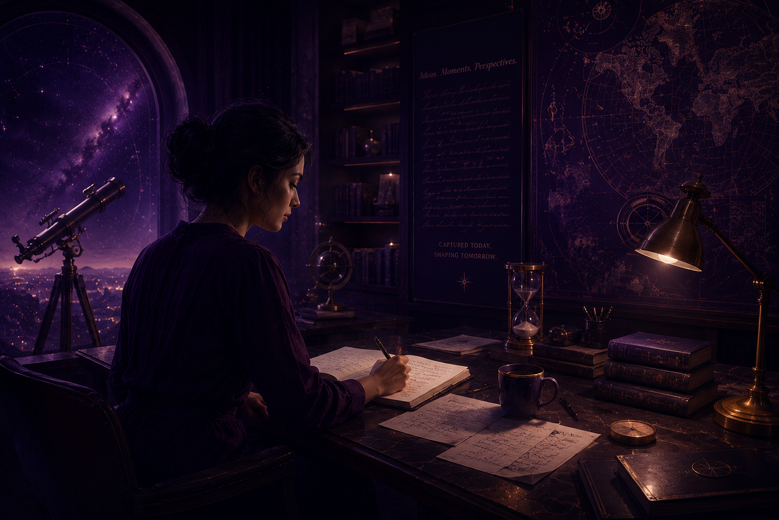 Person writing in a notebook inside an observatory with a telescope overlooking a star-filled night sky, representing exploration, reflection, and discovery.