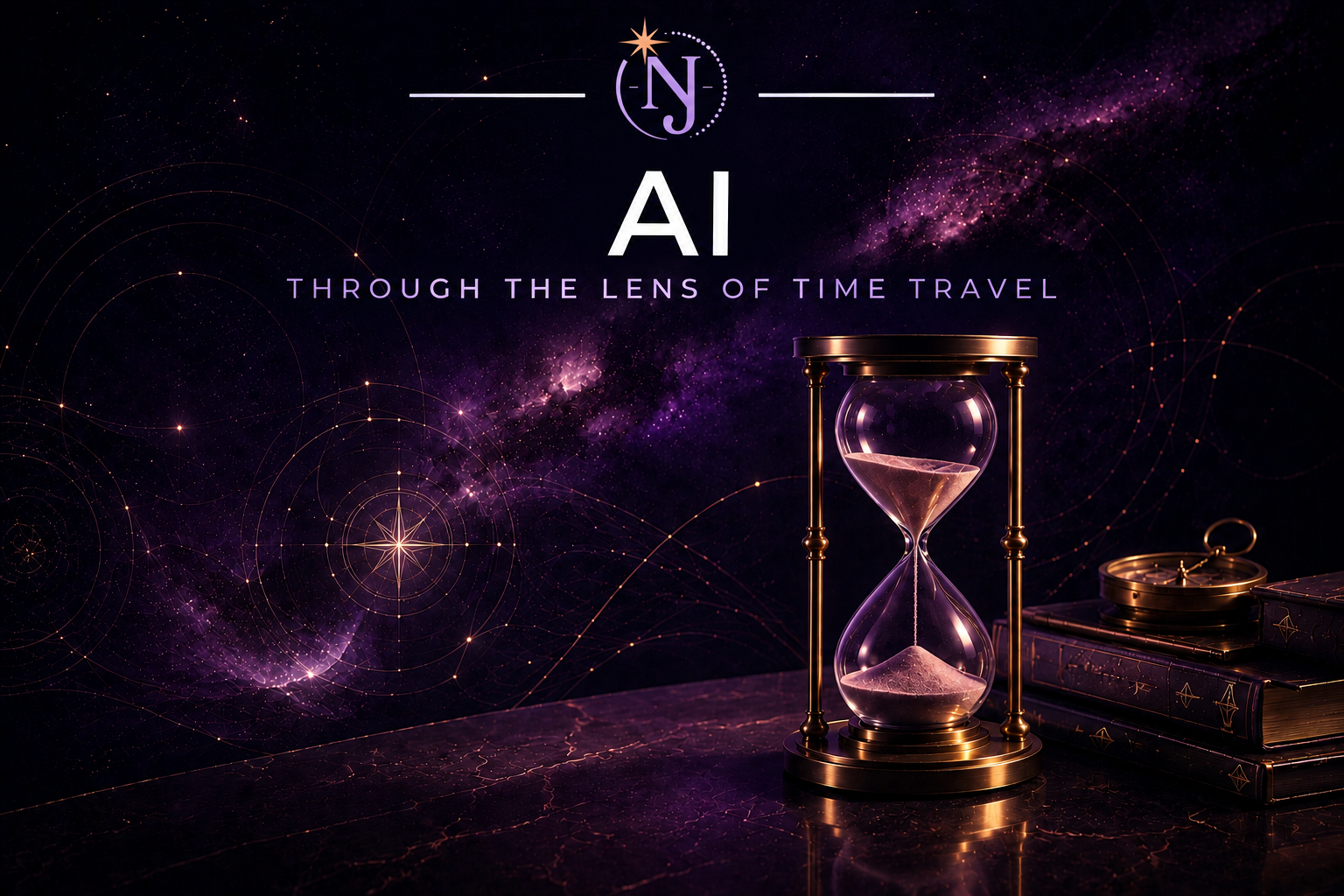 AI, Through the Lens of Time Travel. An hourglass and a compass rest beside old books, set against a field of stars and orbital rings. An essay by Niketa Jhaveri.