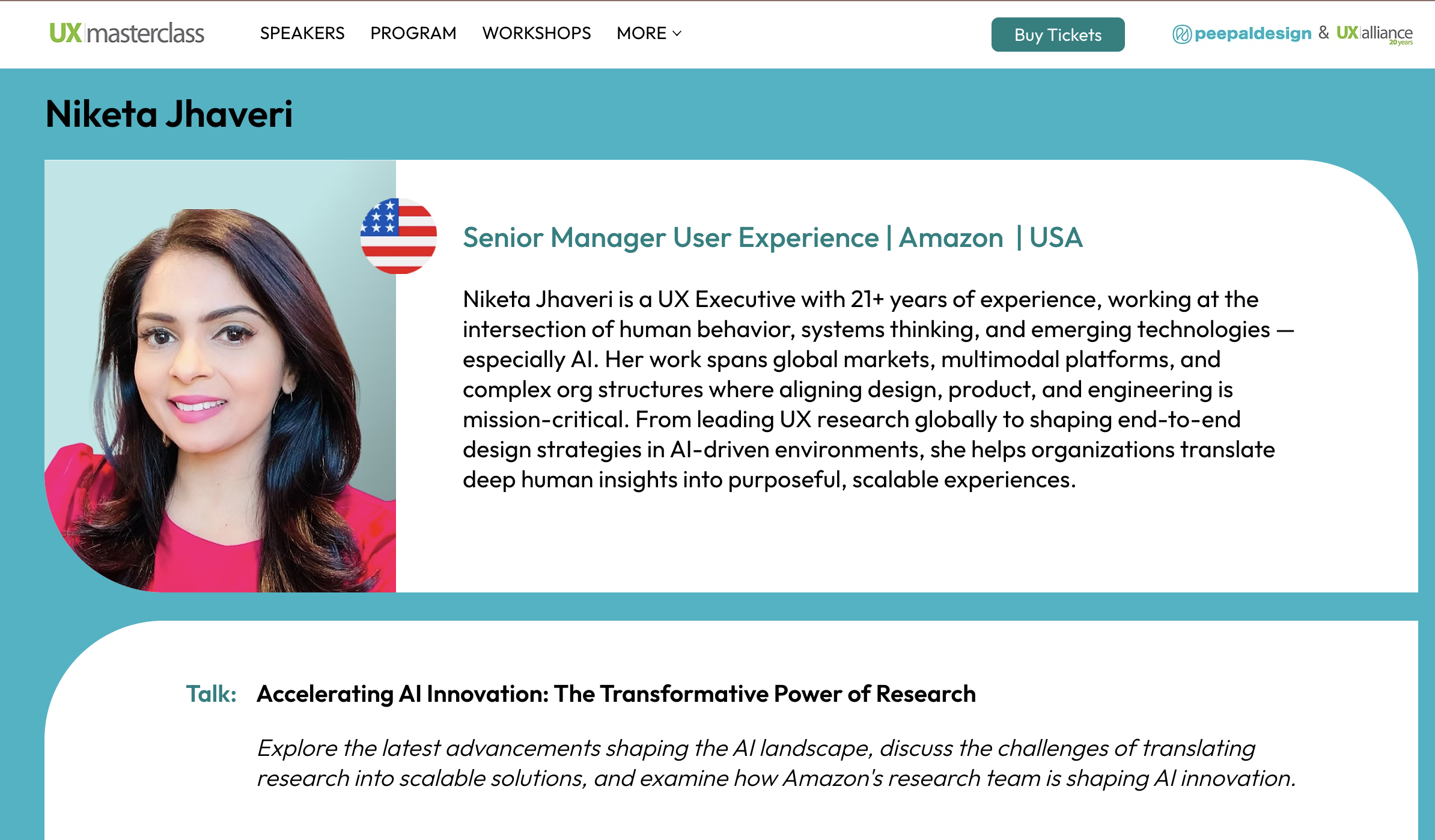 Speaker profile for Niketa Jhaveri highlighting her experience in AI, UX leadership, research, and keynote speaking.