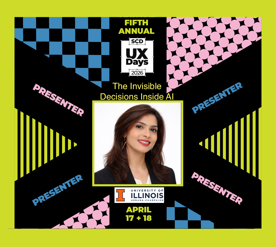 Conference poster featuring Niketa Jhaveri presenting “The Invisible Decisions Inside AI” at SCD UX Days 2026.
