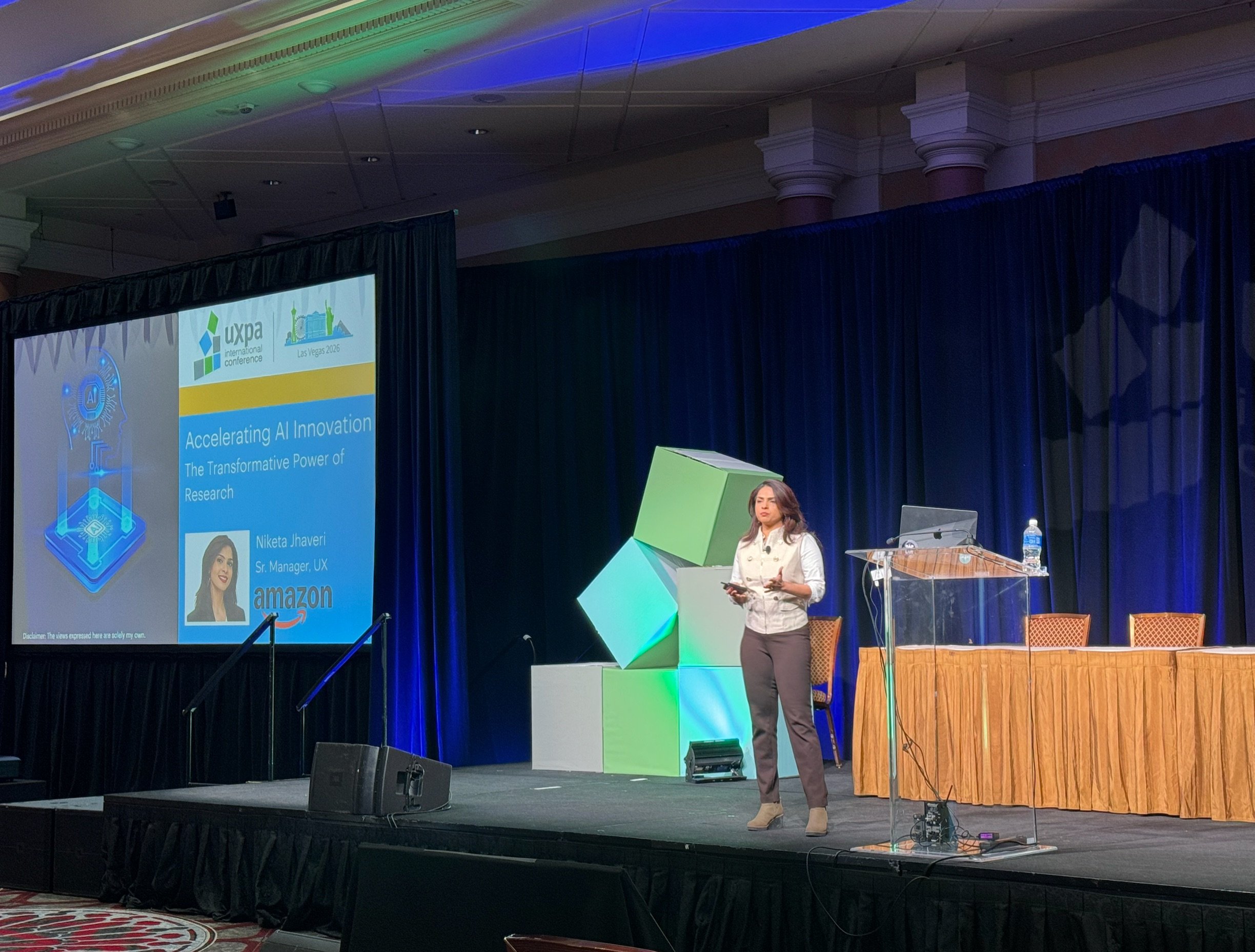 Niketa Jhaveri presenting “Accelerating AI Innovation: The Transformative Power of Research” at UXPA International 2026 in Las Vegas.