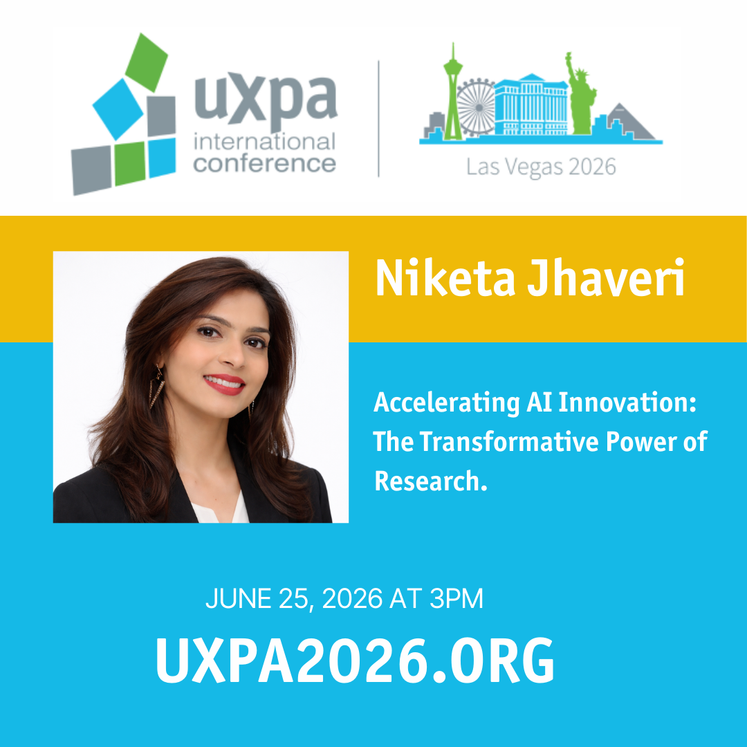 Promotional poster for Niketa Jhaveri’s UXPA International 2026 keynote, “Accelerating AI Innovation: The Transformative Power of Research.”