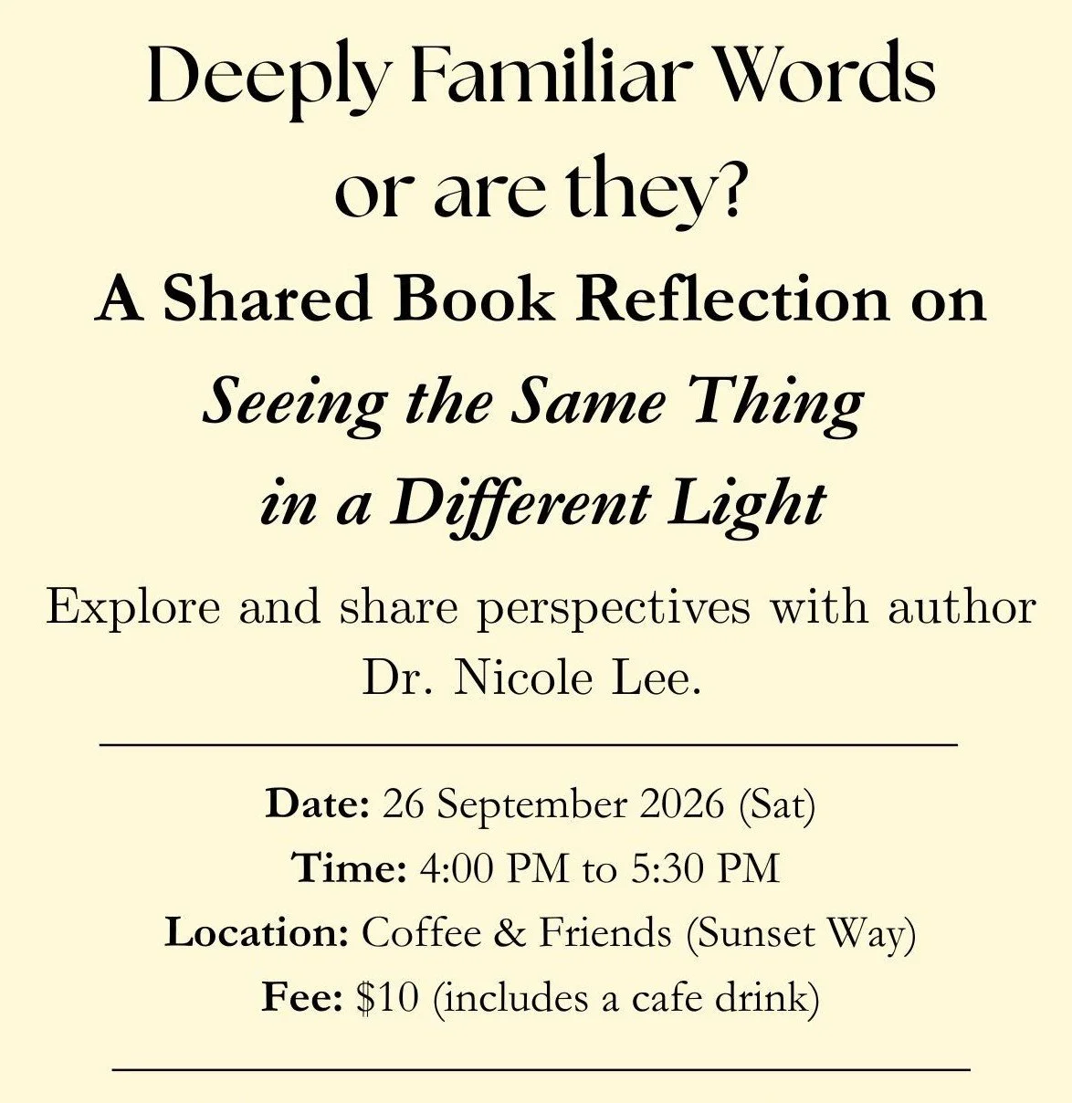 Event information for A Shared Book Reflection on Seeing the Same Thing in a Different Light on 26 September 2026.