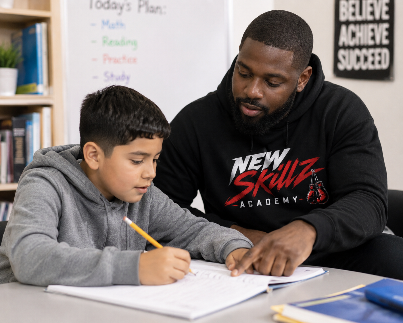 A young boy and an adult male are sitting at a desk, doing homework or an activity together. The boy is writing with a pencil on a notebook, and the man is pointing at his work and engaging with him. The background includes a whiteboard with a list of plans and some motivational posters.