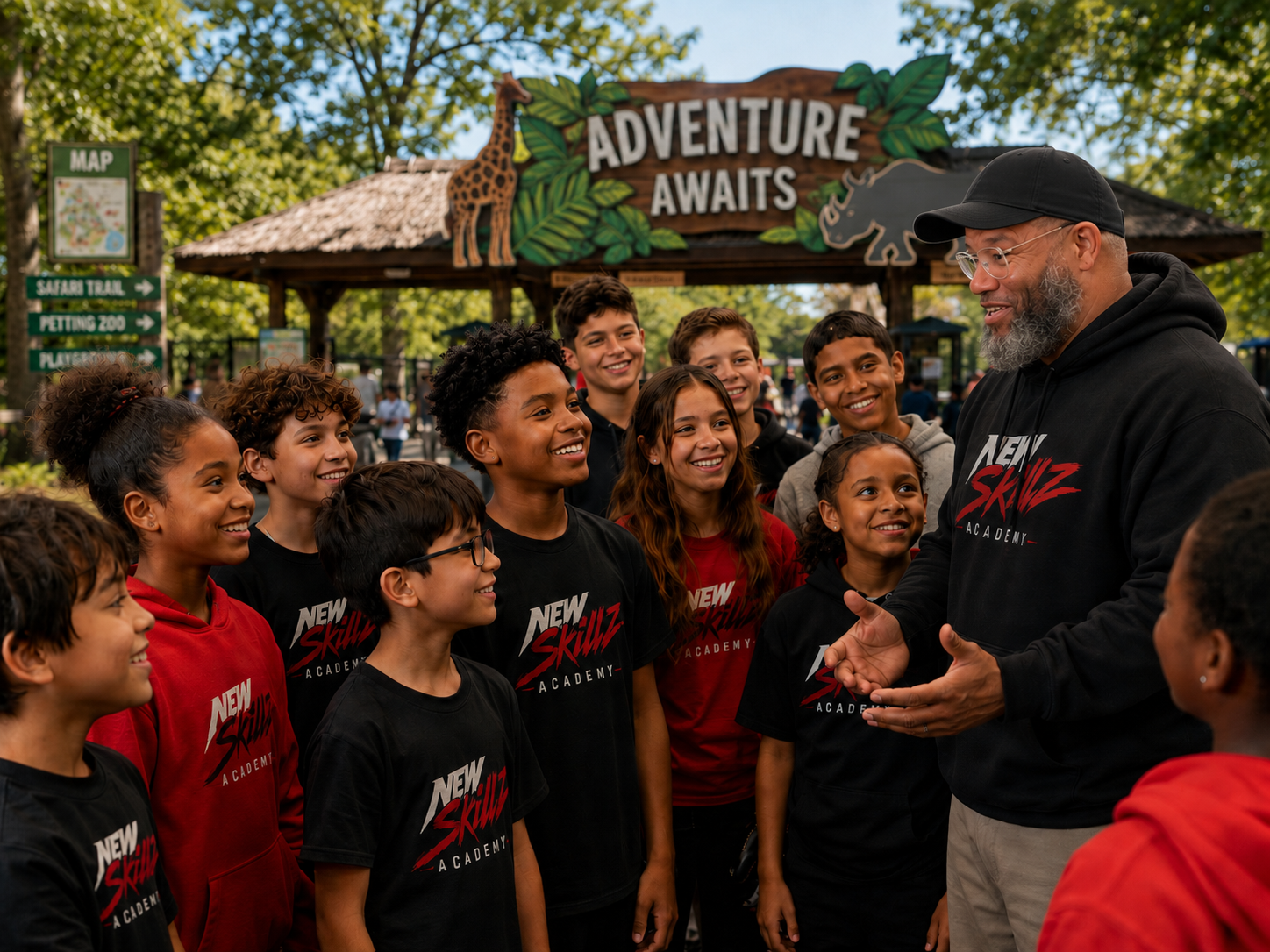 A group of children in matching black and red New Skillz Academy shirts listening to a man speak at an outdoor zoo or park, with a large sign that reads "Adventure Awaits" in the background.