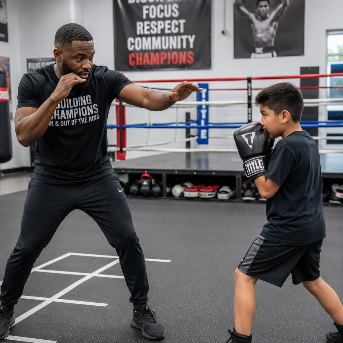 A boxing coach training a young boy in a gym with boxing gloves in a boxing ring.