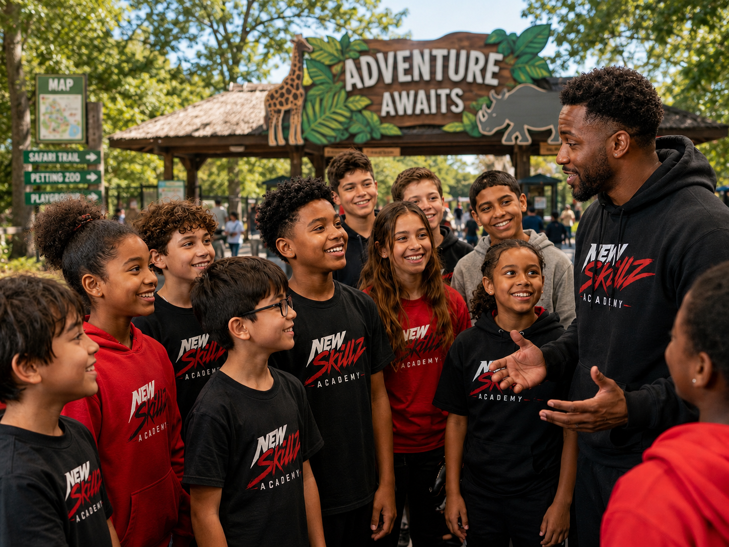 Group of diverse children wearing black and red "New Skillz Academy" t-shirts gathered around a man at an outdoor zoo or safari park entrance with a large sign that says "Adventure Awaits" and animal illustrations.