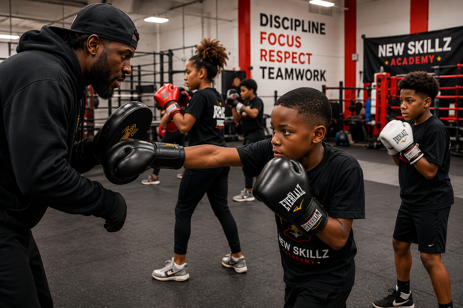 A young boy in boxing gloves practicing punches with a coach in a boxing gym. Other children are training in the background, and motivational words like 'Discipline,' 'Focus,' 'Respect,' and 'Teamwork' are visible on the wall.