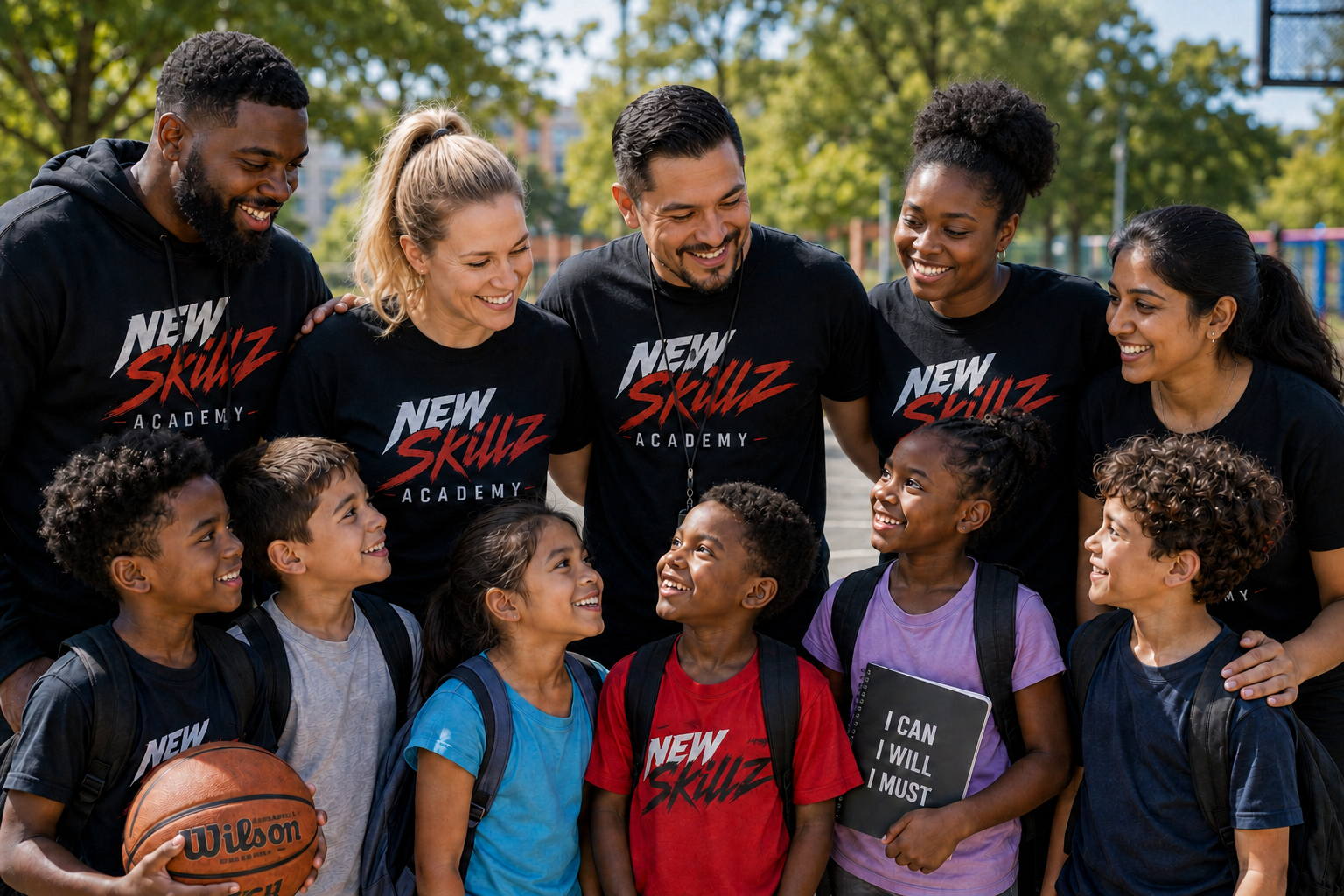 Group of children and adults smiling together in a park, some wearing 'New Skillz Academy' T-shirts, with a basketball and a notebook among them.