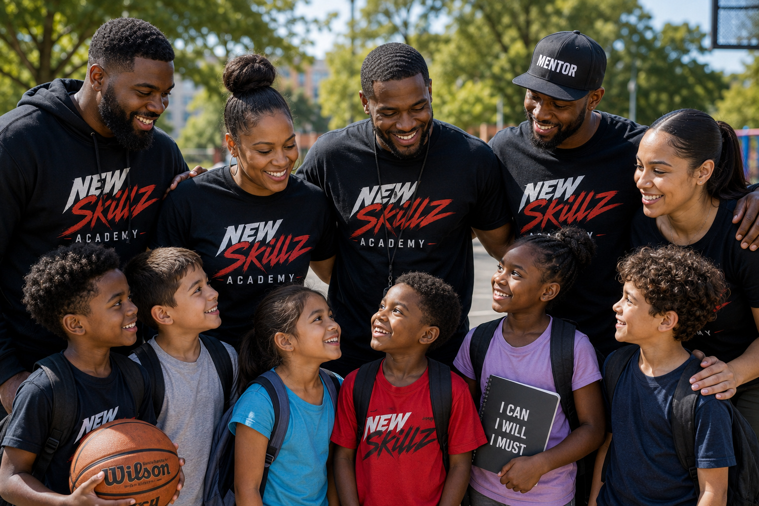 Group of young African American children and adult coaches or mentors smiling together outdoors on a sunny day, some children holding backpacks and a basketball, with trees and a playground in the background.