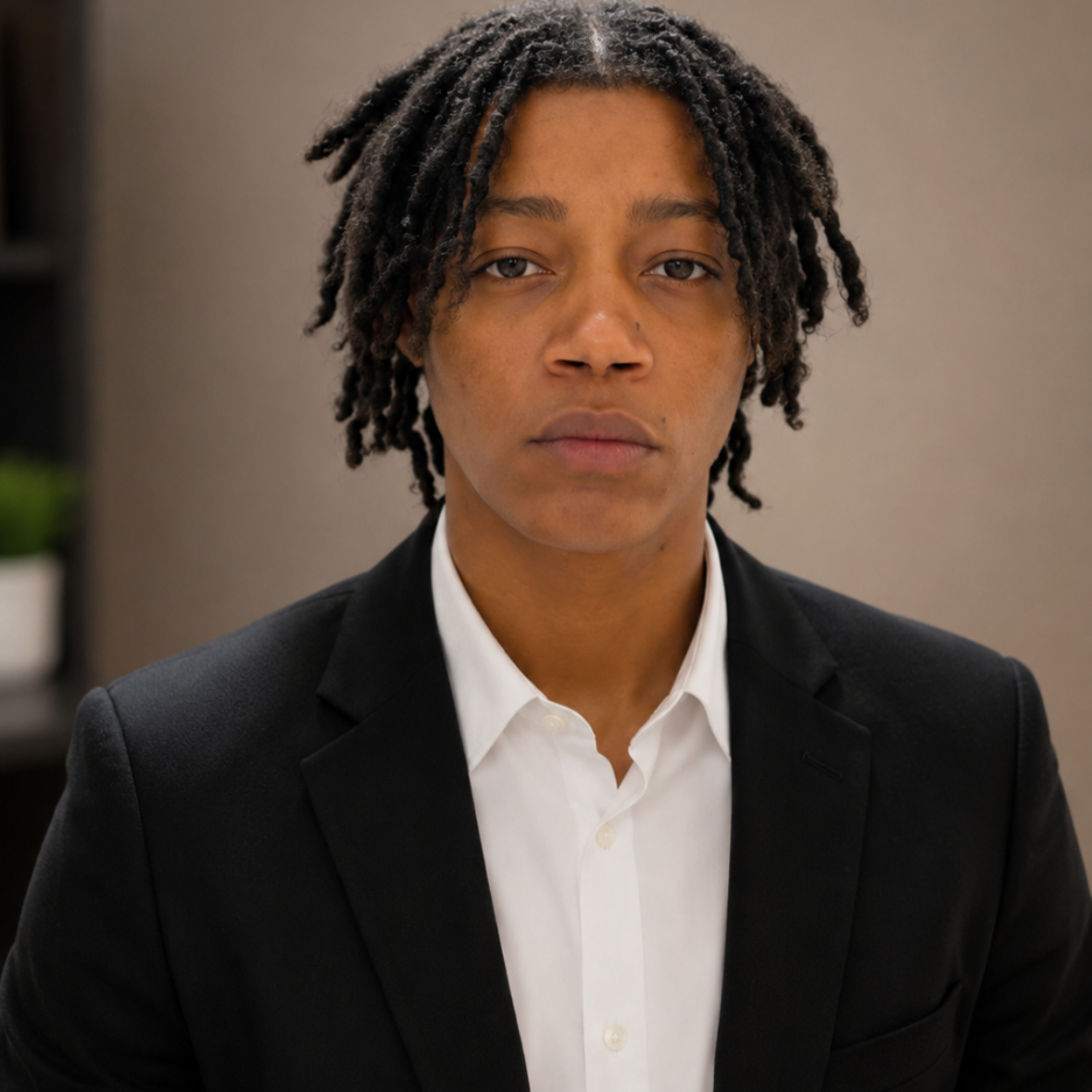 Portrait of a young person with medium-length dreadlocks wearing a black suit jacket and white shirt, looking directly at the camera with a neutral expression.