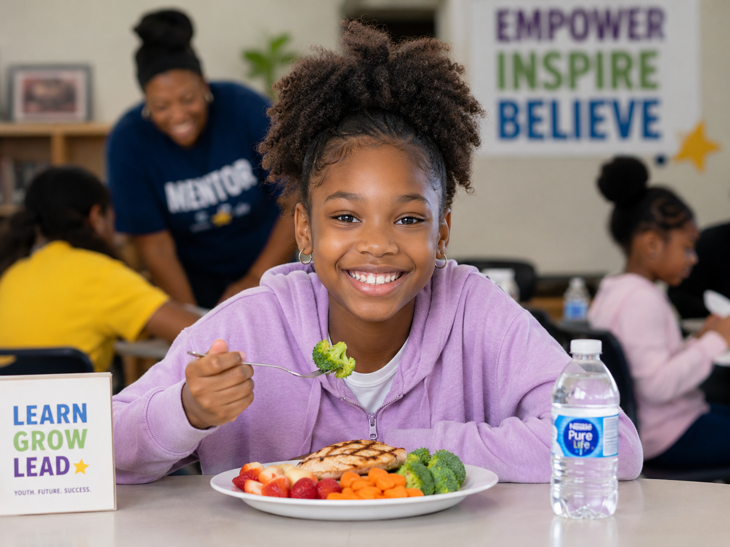 A young girl with curly hair smiling while eating a healthy meal of broccoli, carrots, strawberries, and grilled chicken in a classroom. There is a water bottle and a sign on the table that reads "Learn Grow Lead." In the background, other children and an adult are engaged in activities, with a poster on the wall displaying words 'Empower, Inspire, Believe.'