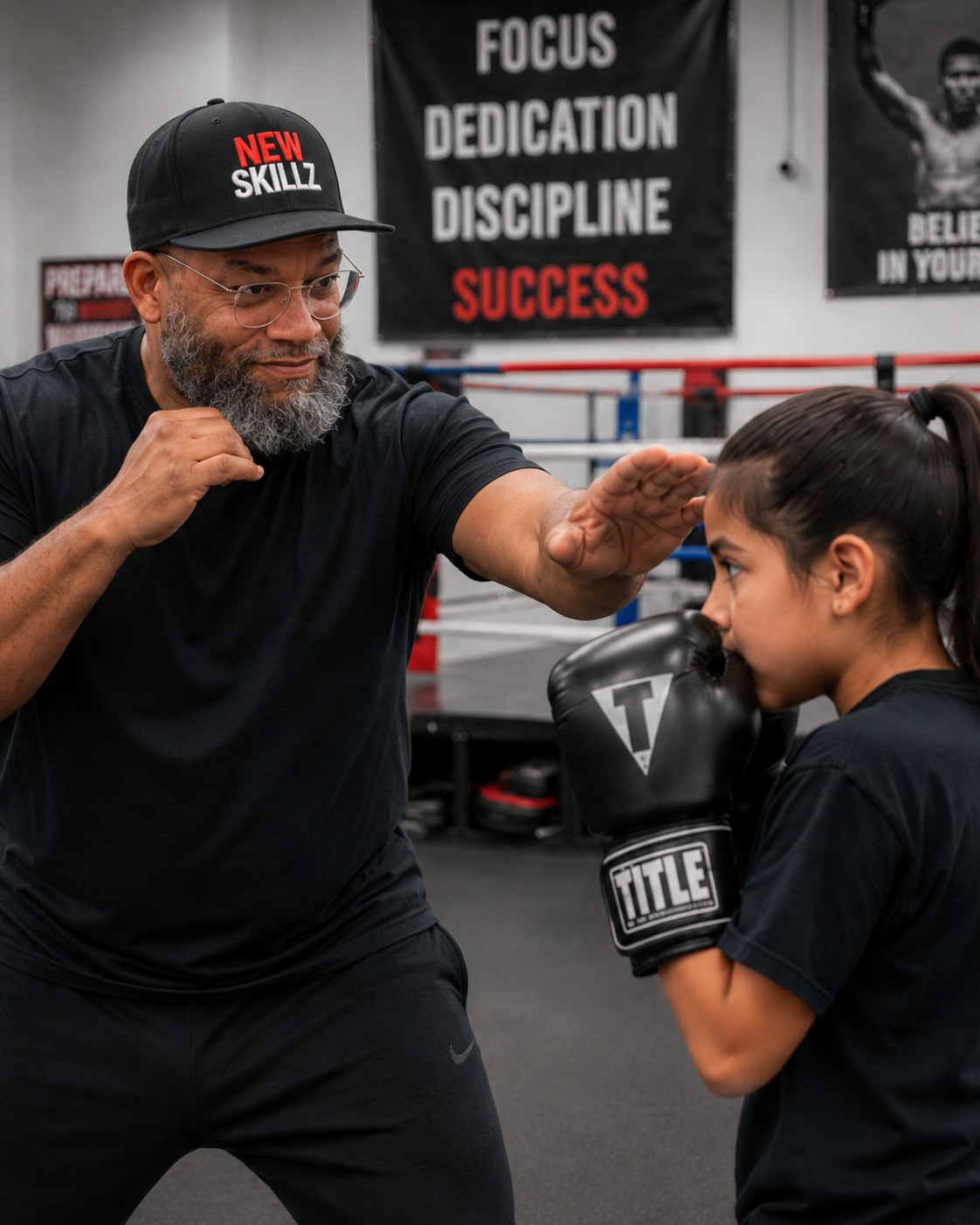 A man with glasses and a beard wearing a black cap and shirt coaching a young girl in boxing in a gym. The girl is wearing black boxing gloves and is in a fighting stance. Behind them, motivational posters are visible on the wall.