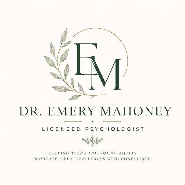 Logo for Dr. Emery Mahoney, licensed psychologist, featuring initials E M with a leafy branch design, slogan about helping teens and young adults navigate life's challenges with confidence.