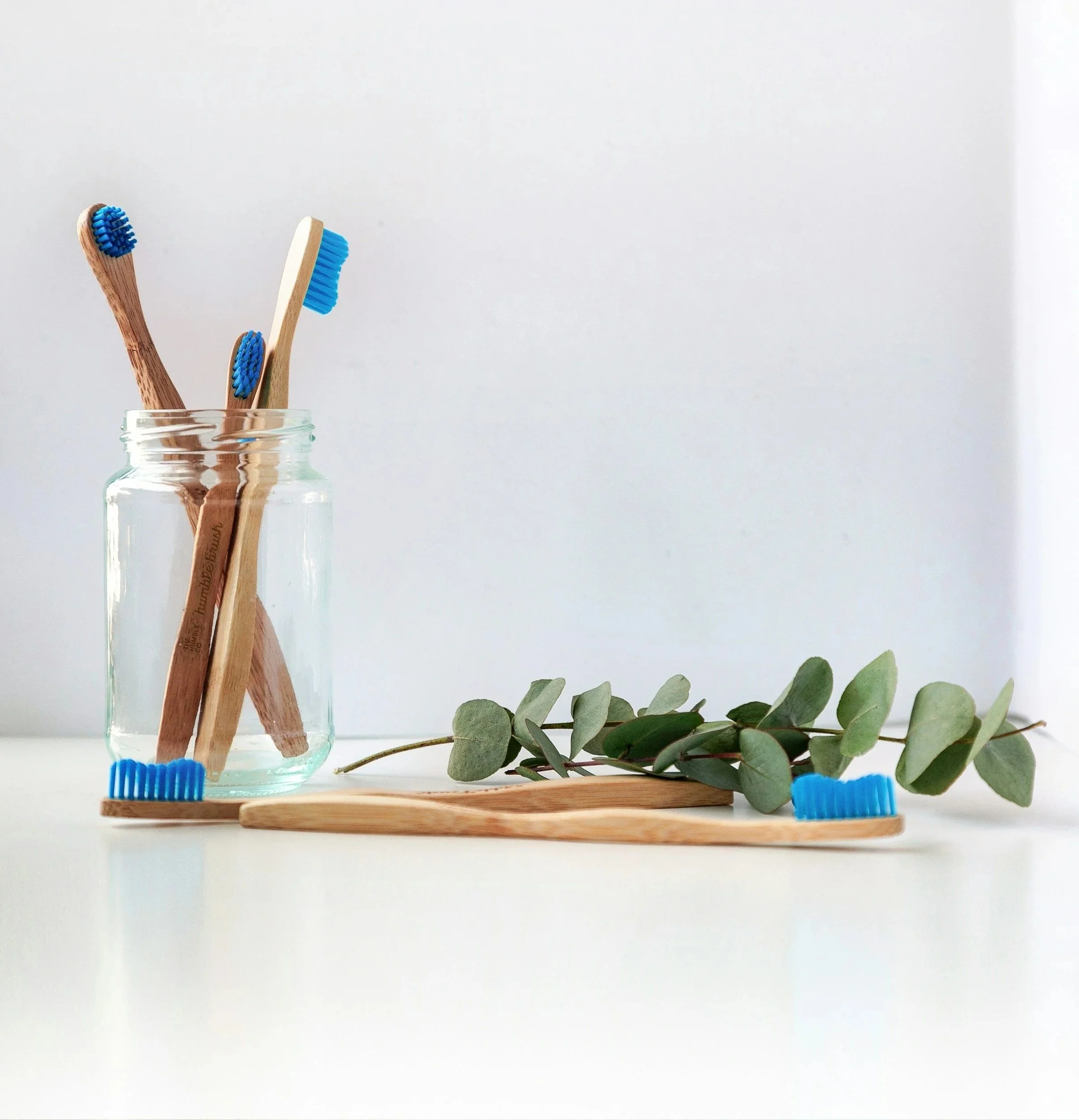 A clear glass jar holding three toothbrushes with blue bristles and one with a wooden handle, resting on a wooden tray with a small branch of eucalyptus leaves in front of it, against a plain white background.