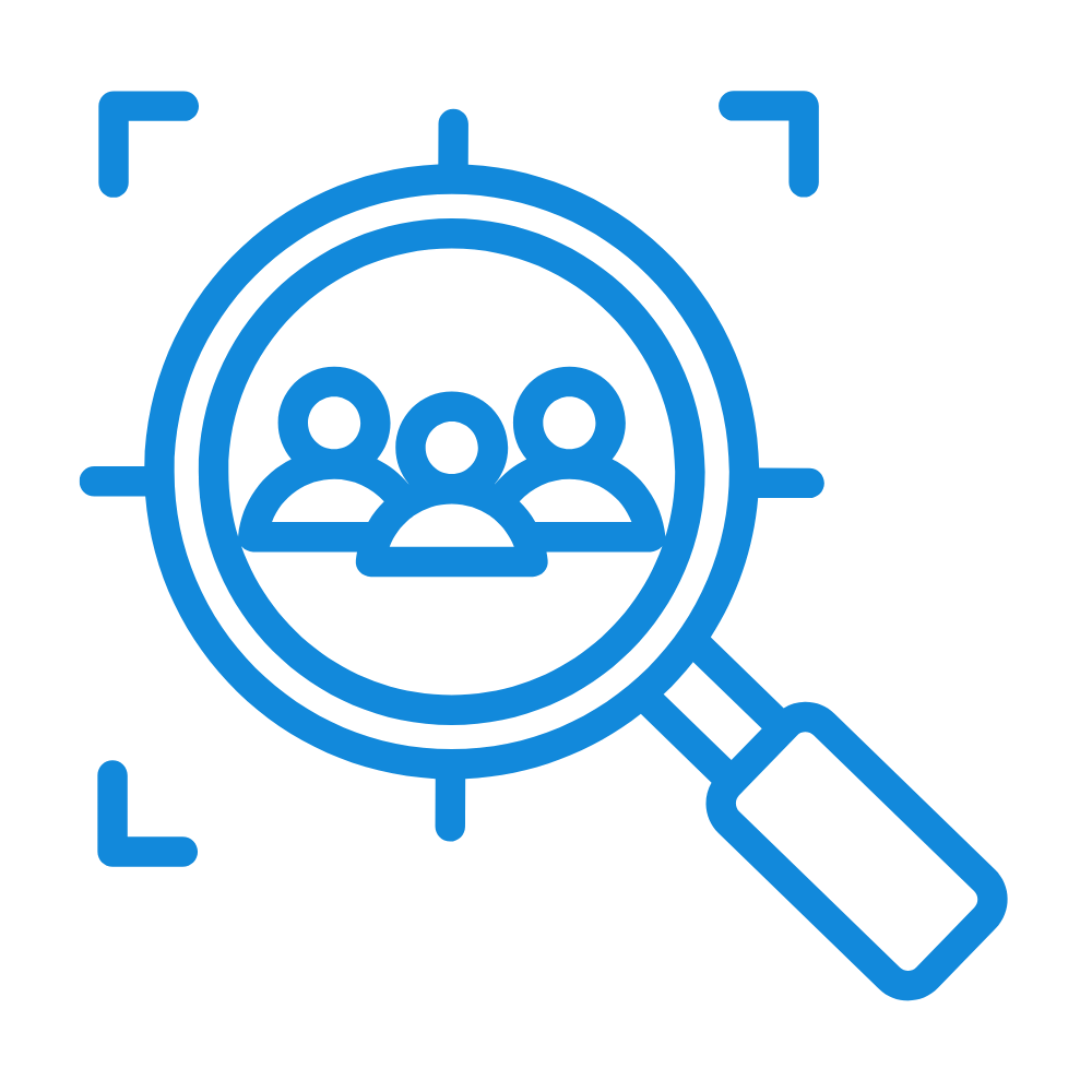 Icon of a magnifying glass focusing on three people, representing searching or identifying a group.