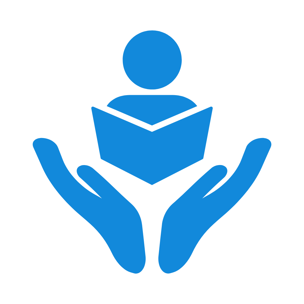 Icon of two blue hands holding a person made of a blue circle and a blue rectangle, symbolizing care or support.