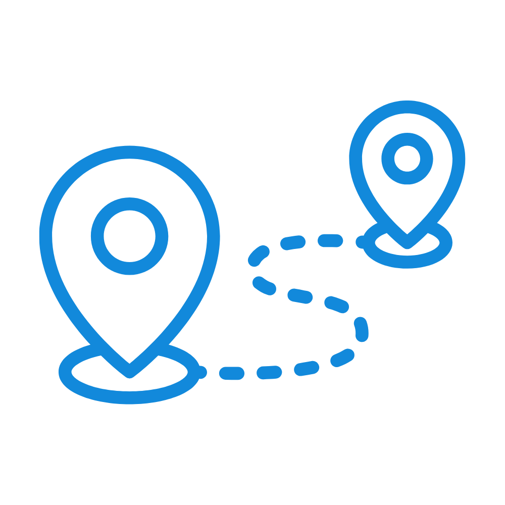 Two blue map pin icons connected by a dashed line, representing a route or journey.