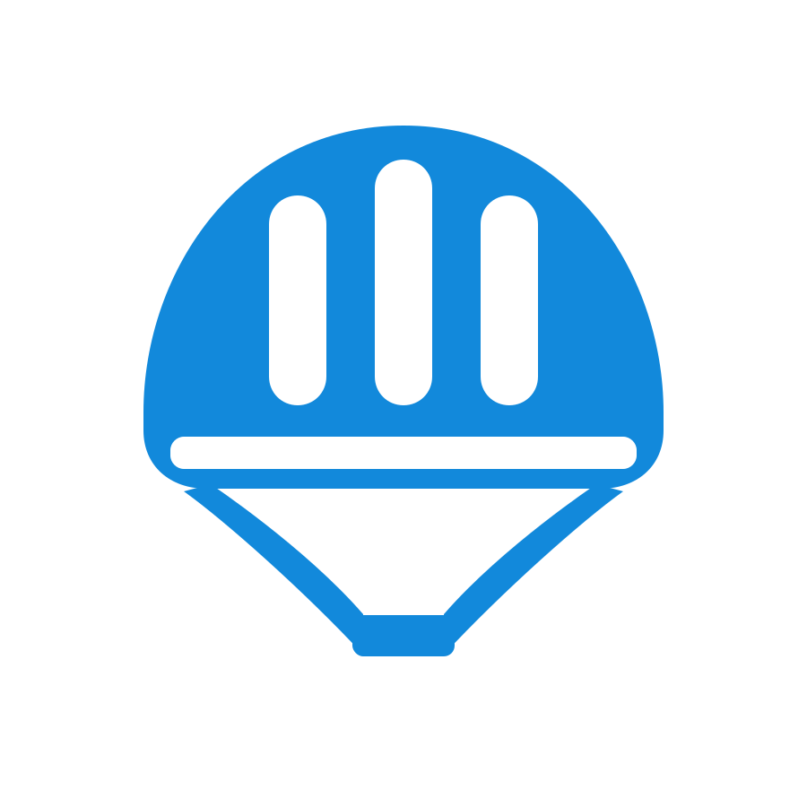 Blue and white icon resembling a helmet.