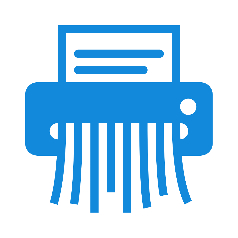 Blue icon of a paper shredder with paper coming out.