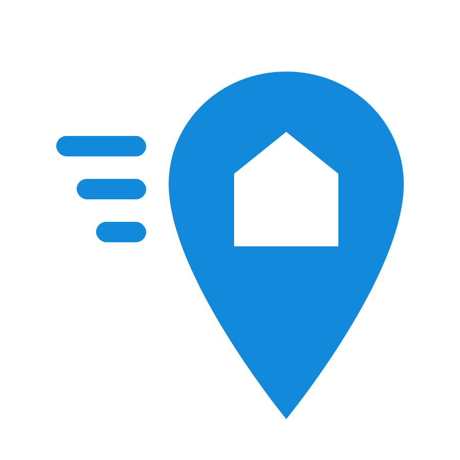 A blue map pin icon with a house inside, indicating home location or home delivery.