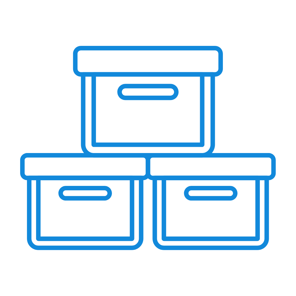 Blue outline drawing of three stacked storage boxes on a black background.