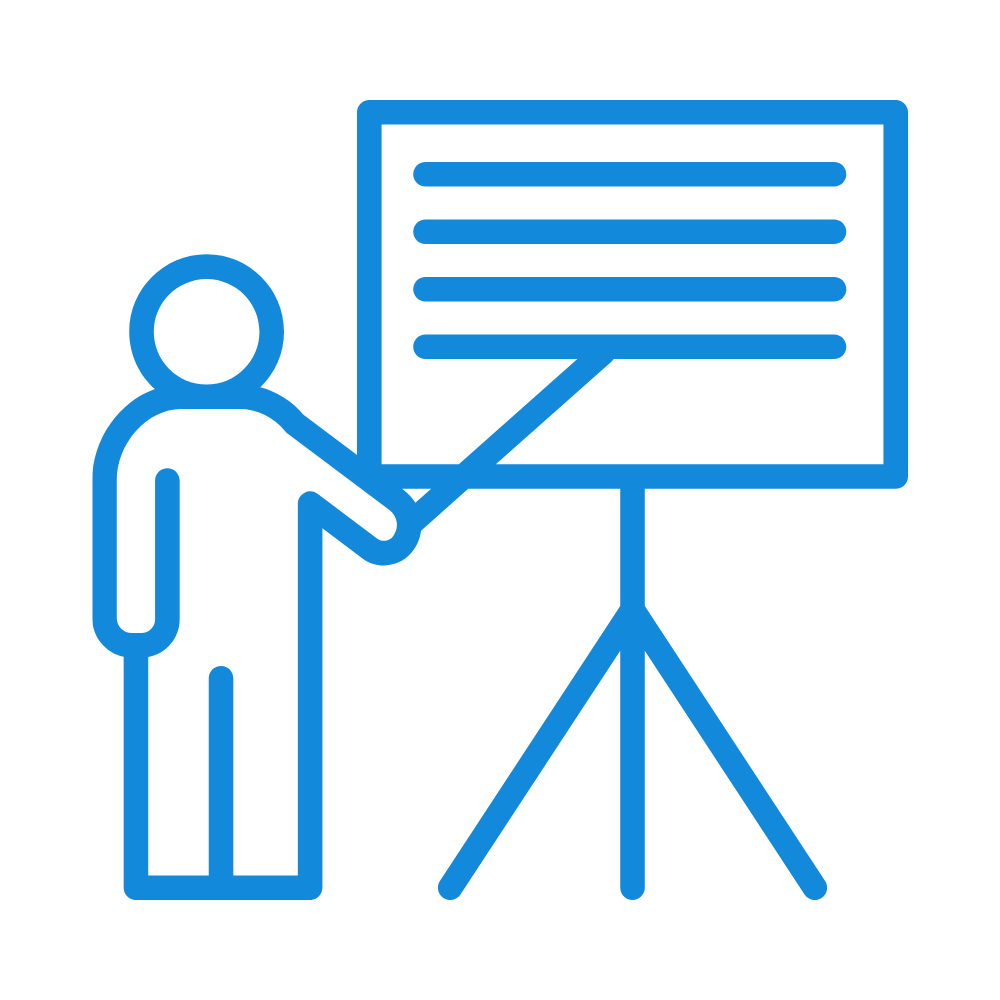 Icon of a person giving a presentation with a pointer to a chalkboard or whiteboard.