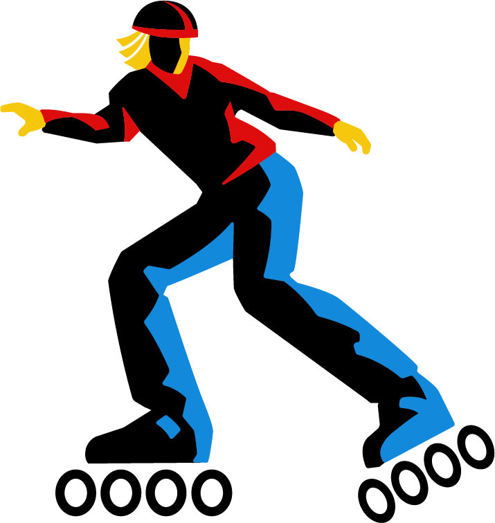 Person roller skating wearing a black helmet, black and red clothing, and yellow gloves.