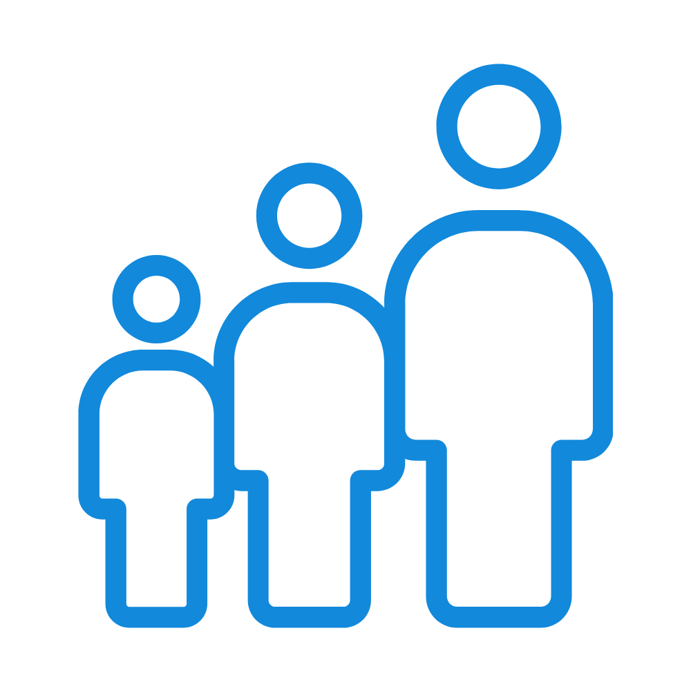 Icon of three people of different heights in blue outline