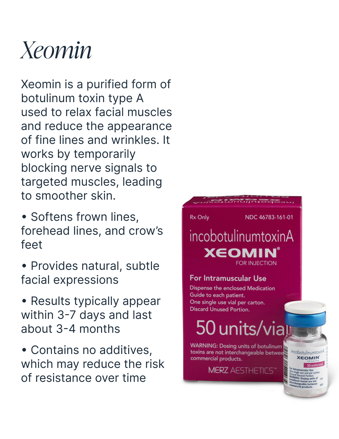 A box of Xeomin botulinum toxin medication next to a small vial with a blue and white cap, used for facial wrinkle reduction.